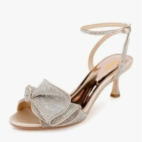 Milooey Shoe Rhinestone Bow Sandal Crystal Ankle Strap Kitten Heel Party Shoe - Picture 1 of 8